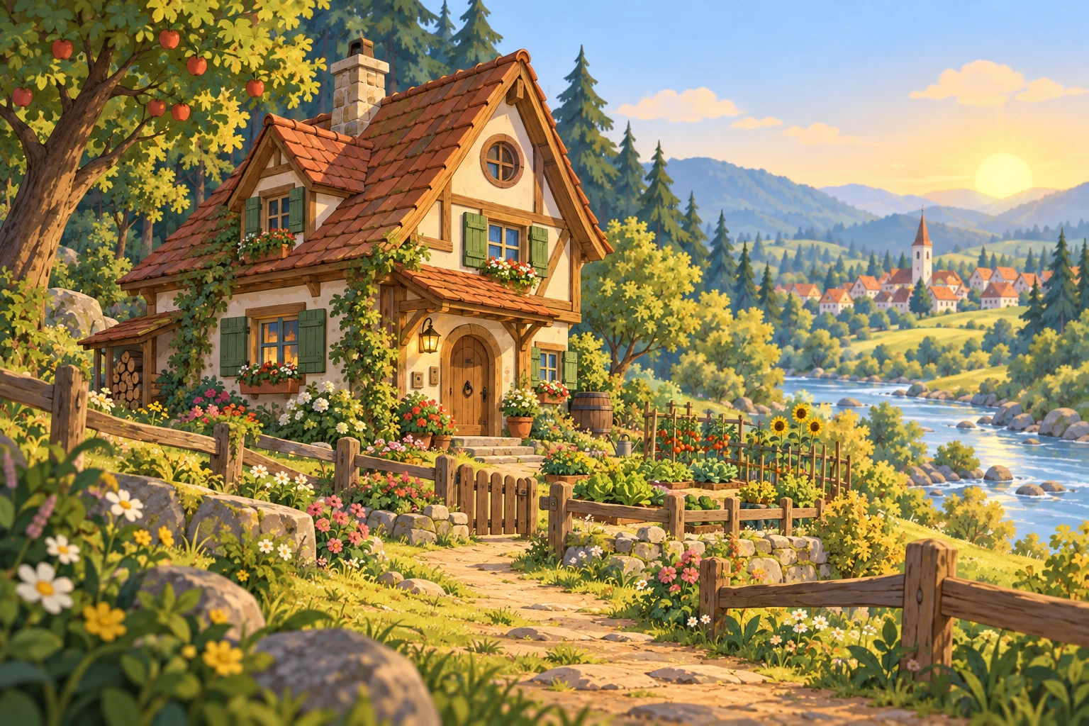 Das Waldrandhaus mit rotem Dach, grünen Fensterläden und einem Fluss. In der Ferne liegt ein Dorf.