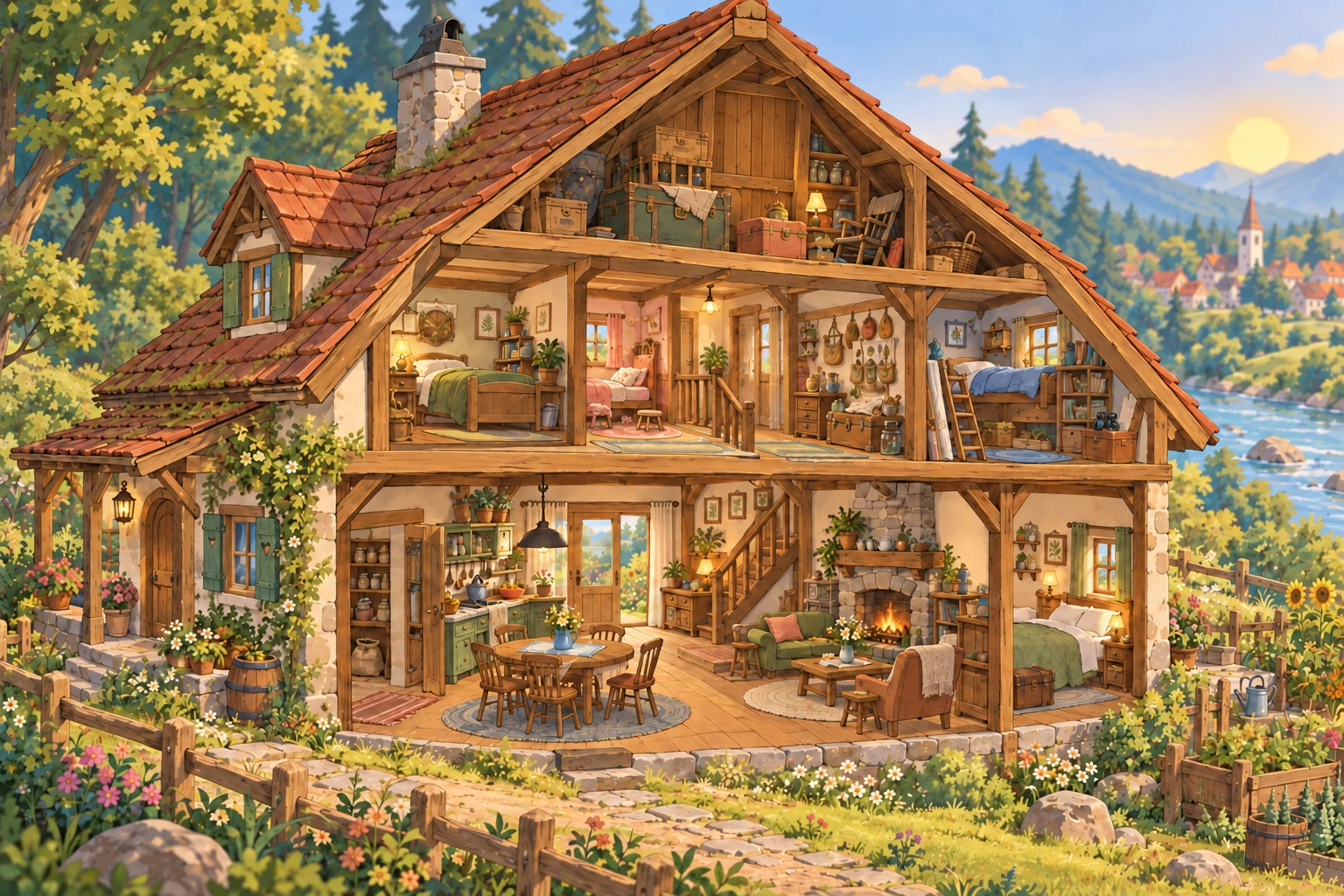 Das Waldrandhaus ist wie ein Puppenhaus geöffnet: unten Küche und Wohnzimmer, darüber Schlafräume und ganz oben der Dachboden.