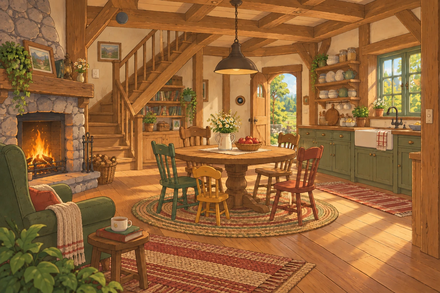 Im Waldrandhaus: ein runder Tisch, eine Küche und ein gemütlicher Kamin.